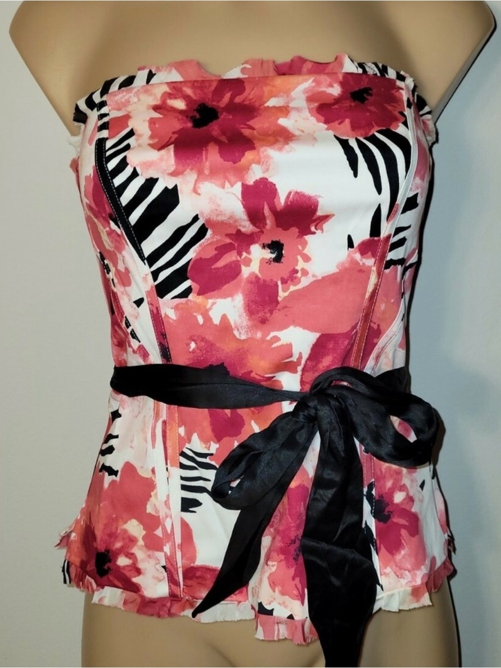 White House Black Market Strapless Floral Corset Top in Pink, Black, White
